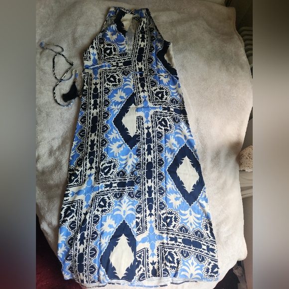 H&M Tie-belt Scarf Prints Dress long  maxi Cream/blue Patterned BNWT - Picture 10 of 14